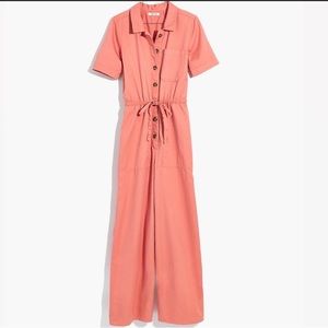 Madewell 100% cotton utility coverall in a pale coral/pink.